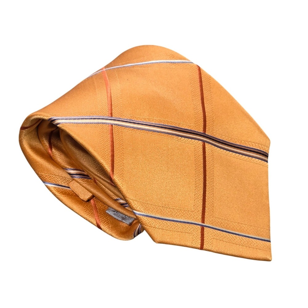 Stafford Executive 100% Silk Tie Men's Orange Plaid Striped Hand Made Necktie